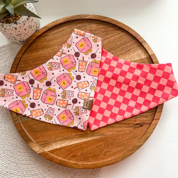 Happy Chow in Pink Bandana | Cute Dog Bandana | Pet Accessories Scarf | Pet Bandana | Snap On Reversible Bandana
