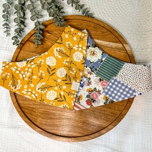 Mustard Floral with Boho Patchwork Dog Bandana | Pet Accessories Scarf | Pet Bandana | Snap On Reversible Bandana