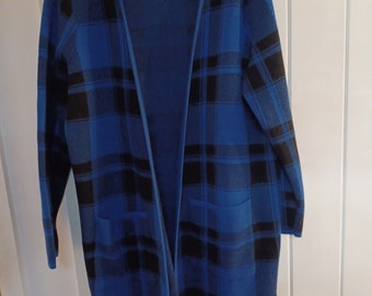 Woman's Blue / Black Plaid Open Front Cardigan