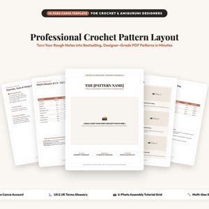 May include: A 10-page Canva template for crochet and amigurumi designers featuring a professional pattern layout. The document includes sections for materials, tools, sizing, a glossary, and a step-by-step assembly tutorial grid for PDF patterns.
