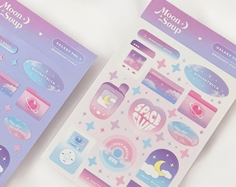Dreamy Galaxy Y2K Aesthetic Sticker Sheet | Korean Cute Gift Kawaii Waterproof Stationery Pastel Starry Sky Moon Webcore Lofi Gifts
