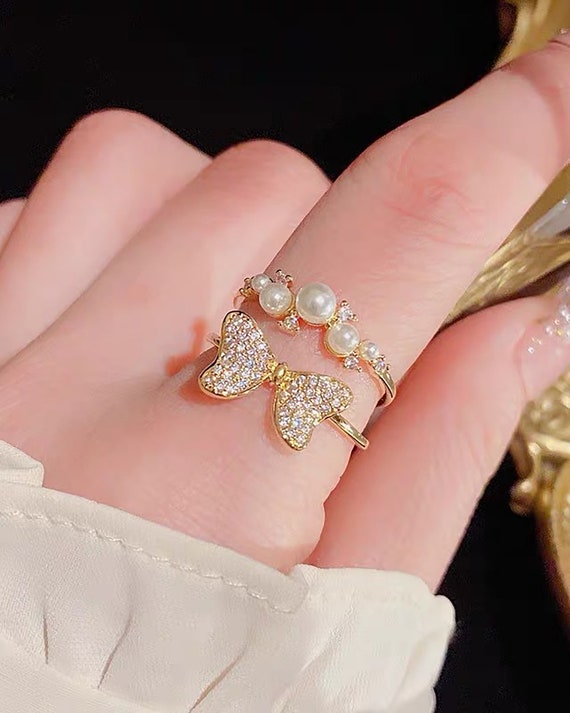 Korean Style Micro-inlaid Zircon Pearl Bow Double-layer Ring