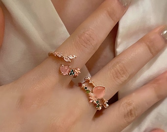 Korean Style Small Fresh Pink Love Flower Ring Zircon Ring