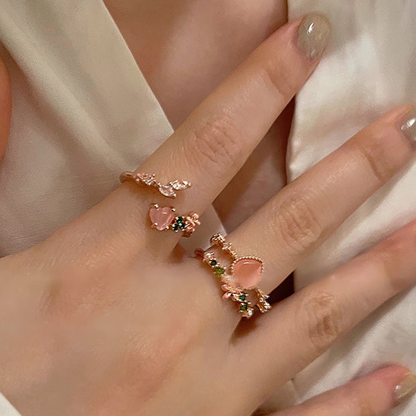 Korean style small fresh pink love flower ring zircon ring adjustable size ring cute sweet girl gift ring gift for her Z13Z14