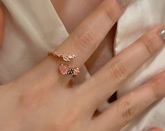 Korean Style Small Fresh Pink Love Flower Ring Zircon Ring