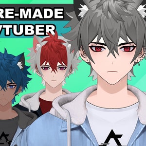 Premade Vtuber - Color Customizable, 12 toggle switches, 7 cute emotes! - Full body/ Fully Rigged: Live2D Male Avatar with cat ears