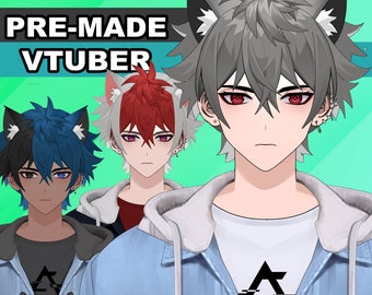 Premade Vtuber - Color Customizable, 12 toggle switches, 7 cute emotes! - Full body/ Fully Rigged: Live2D Male Avatar with cat ears