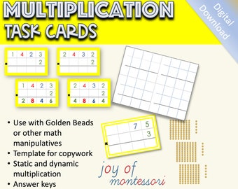 May include: Yellow task cards with multiplication problems for kids. The cards feature numbers and a grid for solving the problems. The image also includes a grid for solving a multiplication problem with the numbers 7, 5, and 3. The text "joy of montessori" is written in red and blue.