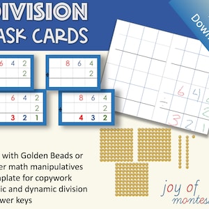 May include: A set of printable division task cards for kids. The cards feature a grid with numbers to divide. The cards are designed to be used with golden beads or other math manipulatives. The text on the cards reads "Division Task Cards".