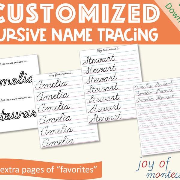 Printable Custom Cursive Worksheets for Name Tracing Handwriting Practice Set, Digital Download, Name Writing Activities