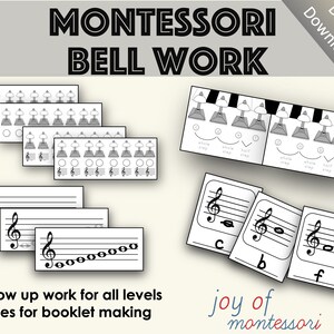 Könnte beinhalten: Schwarz-weißes druckbares Montessori-Glockenarbeitsblatt für Kinder. Das Druckbare enthält eine Glocke, eine Klaviertastatur und Noten. Der Text "Follow up work for all levels" und "Pages for booklet making" ist enthalten. Der Text "Digital Download" ist ebenfalls enthalten.