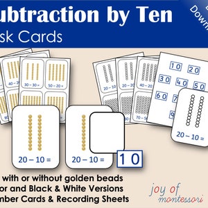May include: Subtraction by Ten task cards for teaching math. The cards feature images of golden beads and number cards. The text "Use with or without golden beads" is included. Color and Black & White Versions, Number Cards & Recording Sheets.