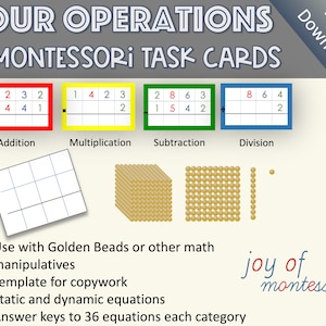 Tarjetas de tareas de problemas de cuatro operaciones de Matemáticas Montessori