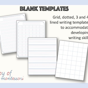 May include: Four blank writing templates for developing writing skills. The templates include a grid, dotted lines, three lines, and four lines.