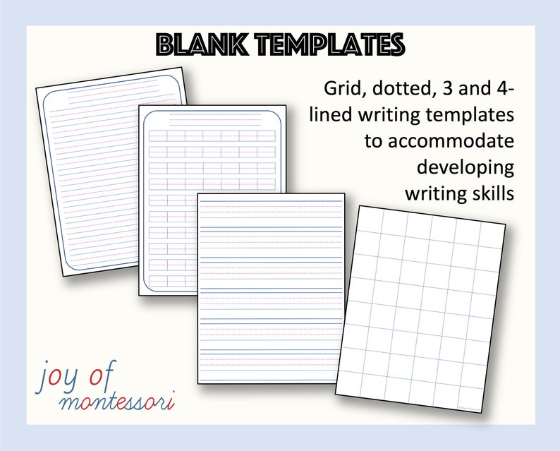 May include: Four blank writing templates for developing writing skills. The templates include a grid, dotted lines, three lines, and four lines.