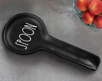 Farmhouse Spoon Rest for Stove Top by Brighter Barns - Black Ceramic Spoon Holder for Kitchen Counter - Farmhouse Kitchen Decor