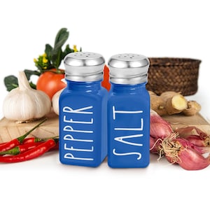 Blue Glass Salt and Pepper Shakers: Modern Farmhouse Kitchen Decor