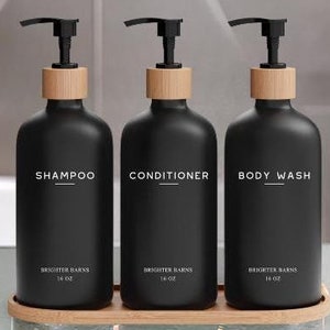 Matte Black Refillable Shampoo Dispenser Set: Bamboo Tray & Pumps