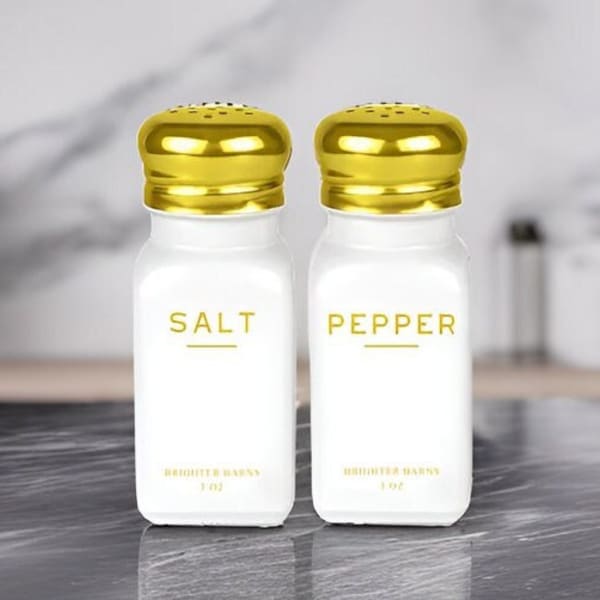 Gold Salt and Pepper Shakers Set - Modern Kitchen Decor - White and Gold Kitchen Decor & Accessories - Neutral Minimal Decor - Glass Shakers