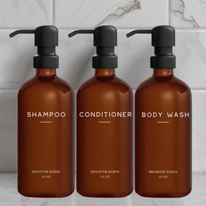 Amber Shampoo Dispenser Set: Refillable Shower Bottles with Stainless Steel Pumps