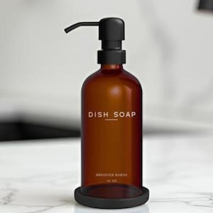 Amber Glass Dish Soap Dispenser for Kitchen Sink - Kitchen Soap Dispenser Set with Pump & Tray - Refillable Glass Bottle for Liquid Soap