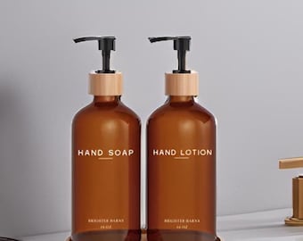 Amber Glass Soap Dispenser Set: Bamboo Tray, Modern Bathroom Decor