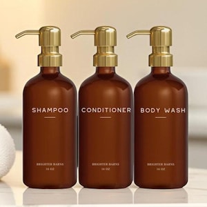 Amber Gold Shampoo and Conditioner Dispenser Set - Empty Shampoo Bottles Refillable with Gold Pump - Plastic Shower Soap Dispenser - Gifts