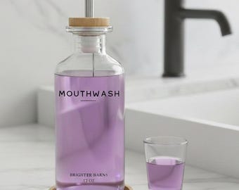 Refillable Glass Mouthwash Dispenser Set – Bamboo Tray & Cup