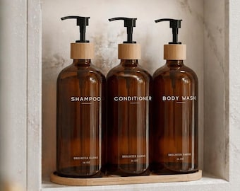 Amber Refillable Shower Dispenser Set - Shampoo and Conditioner Bottles for Airbnb, Spa, RV