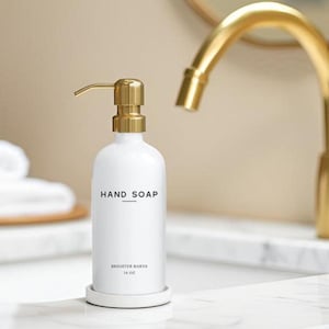 Luxury Glass Hand Soap Dispenser with Stainless Steel Pump and Tray - Liquid Soap Dispenser - White and Gold Bathroom Decor & Accessories
