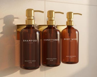 Amber and Gold Shampoo Conditioner Dispenser Set: Gold Wall Mount, Refillable Bottles
