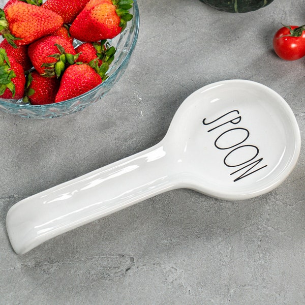 Farmhouse Spoon Rest for Stove Top by Brighter Barns - White Ceramic Spoon Holder for Kitchen Counter - Farmhouse Kitchen Decor