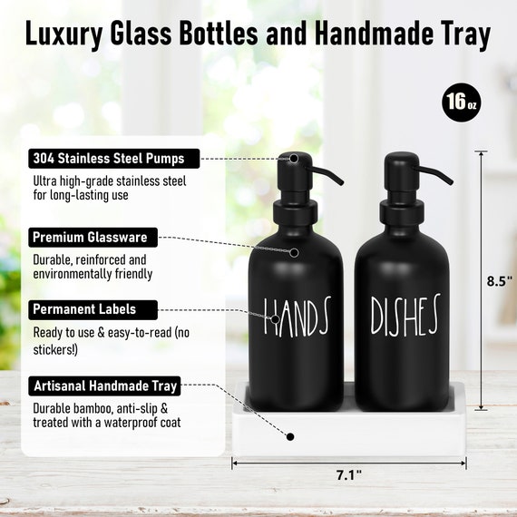 Luxurious Glass Kitchen Soap Dispenser Set with Tray by Brighter Barns -  Hand and Dish Soap Dispenser for Kitchen Sink - Farmhouse Soap Dispenser 