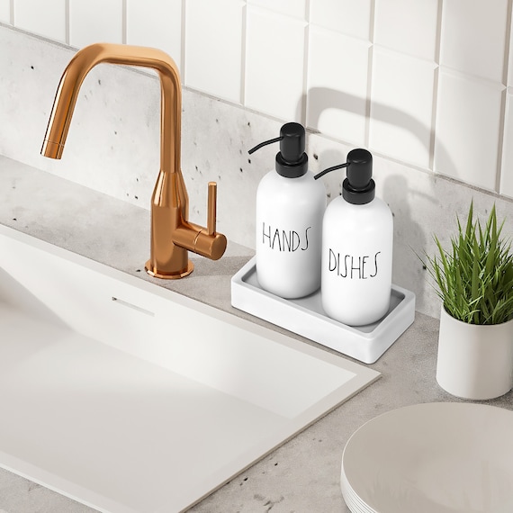 White Glass Kitchen Soap Dispenser Set With Tray Luxury Hand and