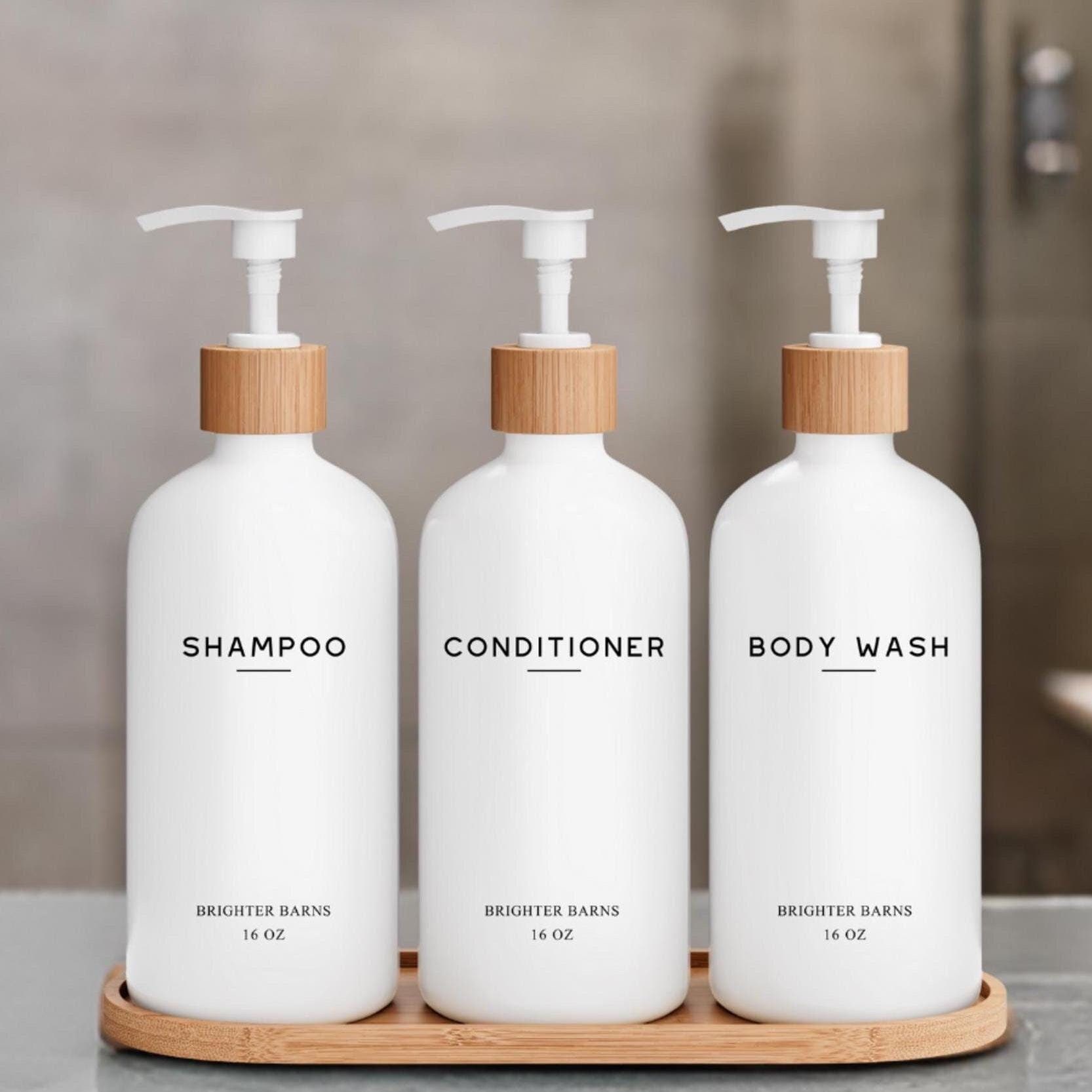 White Shampoo and Conditioner Dispenser Set: Bamboo Pumps, 16oz