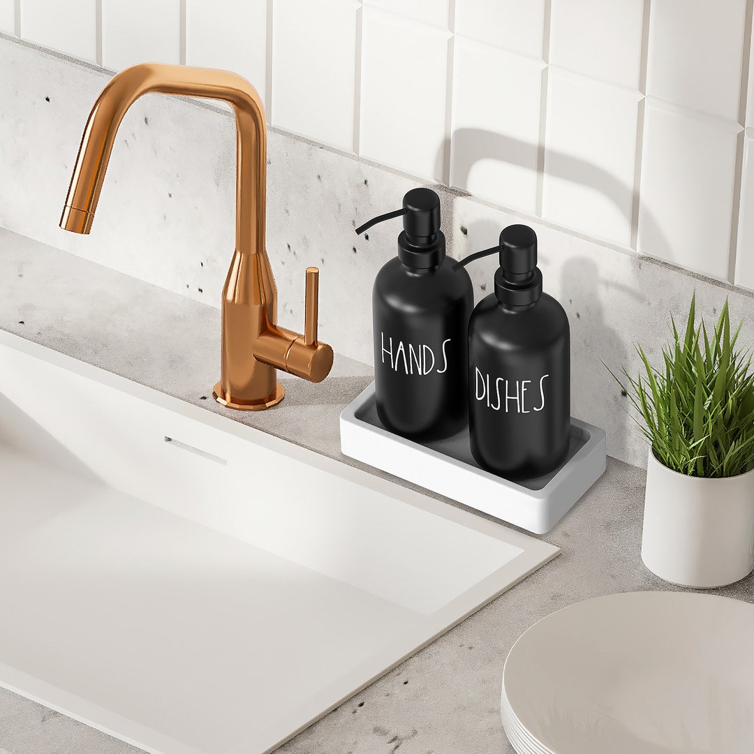 Black Glass Kitchen Soap Dispenser Set With Tray Luxury Hand Etsy