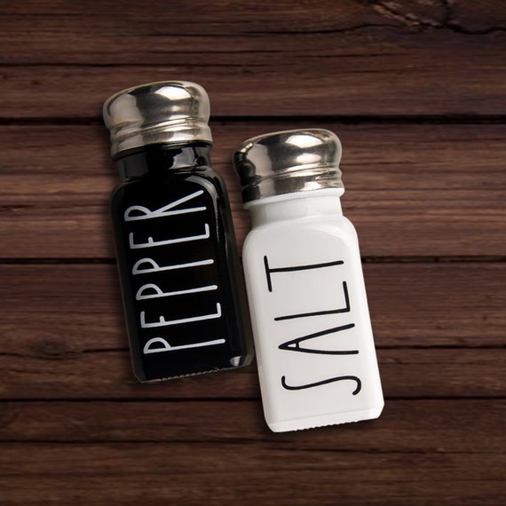 Farmhouse Salt and Pepper Shakers: Black & White Glass, Stainless Steel Lids