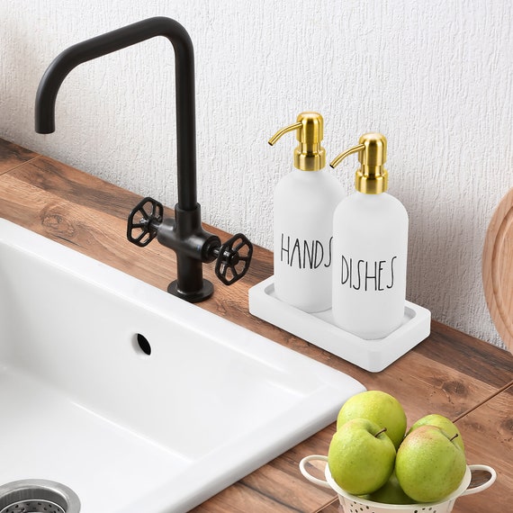 White Glass Kitchen Soap Dispenser Set with Tray by Brighter Barns - Hand  and