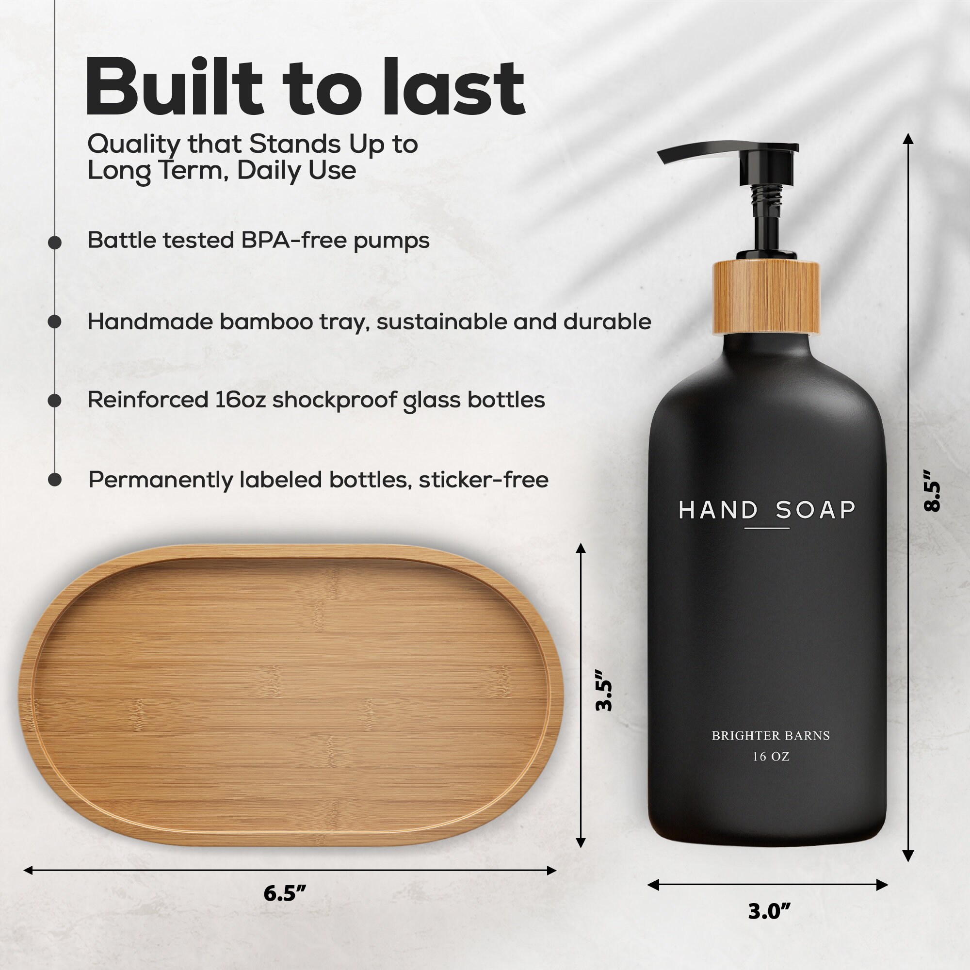 Soap Dispenser Set – 2 X 16OZ Glass Bottles With 304 Stainless Steel Pumps, Bamboo Tray, Black Matte – Labeled "