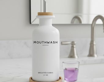 White Glass Mouthwash Dispenser – Minimalist Bathroom Decor, Stainless Steel Spout
