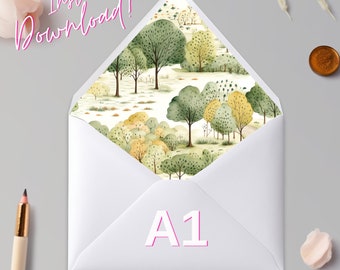 Printable Watercolour Woodland A1 Euro Flap and A1 Square Envelope Liner - Instant Download