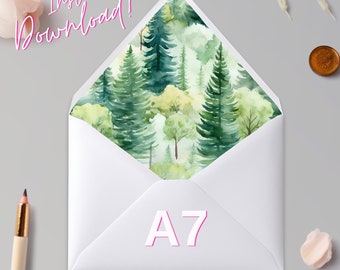 Printable Watercolour Trees (Blue Tones) A7 Euro Flap and A7 Square Envelope Liner - Instant Download