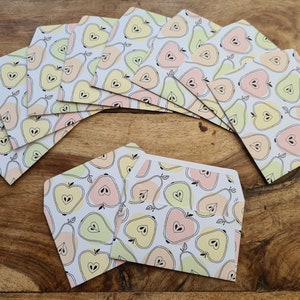 Pack of 10 Mini Apple and Pear Envelopes and Flat note cards, Handmade.
