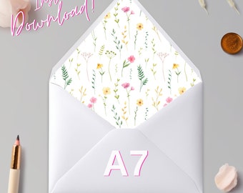 Printable Wildflower A7 Euro Flap and A7 Square Flap Envelope Liner - Instant Download