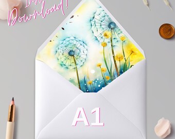 Printable Dandelion A1 Euro Flap and A1 Square Envelope Liner - Instant Download