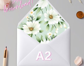 Printable Sage Green Floral A2 Euro Flap and A2 Square Flap Envelope Liner - Instant Download