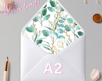 Printable Watercolor Leaves  A2 Euro Flap and A2 Square Flap Envelope Liner - Instant Download