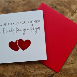 Biglietto di San Valentino, vorrei averti incontrato prima, oro rosa e lamina rossa, semplice biglietto di San Valentino, fatto a mano.