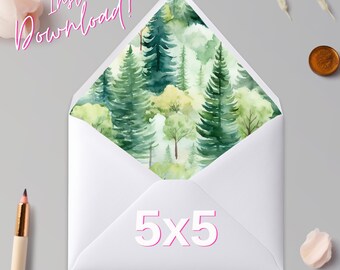 Printable Watercolour Trees (Blue Tones) 5x5 Euro Flap and 5x5 Square Flap Envelope Liner - Instant Download