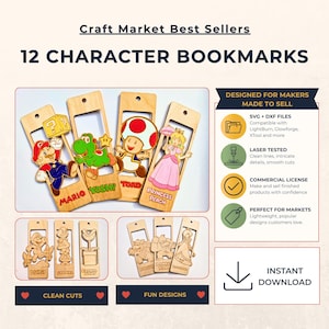 Puede incluir: Marcadores de personajes de madera con Mario, Yoshi, Toad y la Princesa Peach. Los marcadores están cortados con láser con líneas limpias y detalles intrincados. La imagen también incluye el texto "12 CHARACTER BOOKMARKS" y "Craft Market Best Sellers".